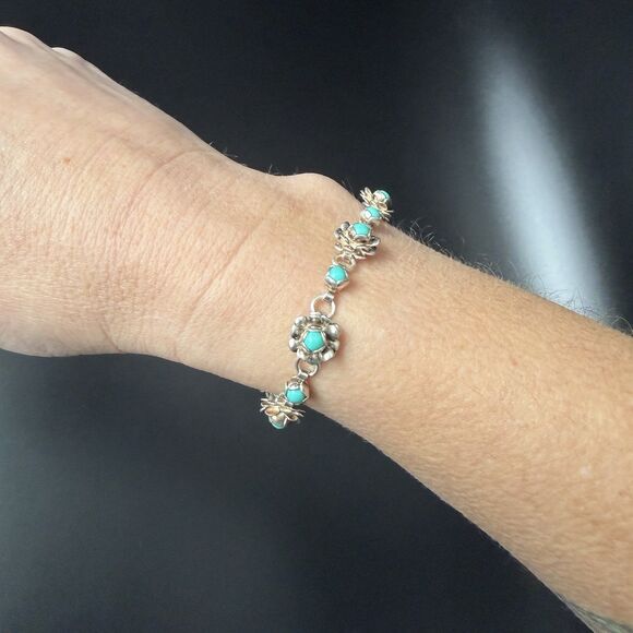 VINTAGE 50s TAXCO MEXICO STERLING SILVER TURQUOISE BLOSSOM FLOWER BRACELET 6.5” - Picture 8 of 16